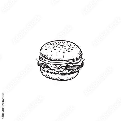 Hand drawn burger illustration with lettuce cheese tomato and meat filling