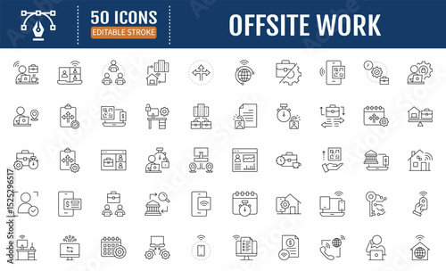 Offsite work line editable icons set. Contains as
freelancer, Remote work, Coworking, Video Conference,
home office icon. Vector Illustration