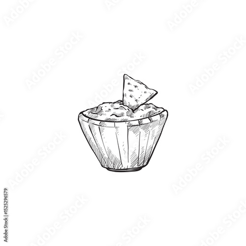 Hand drawn sketch of chips and dip in a bowl illustration