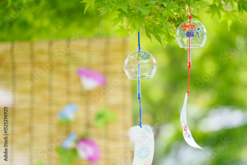 Canvastavla 木陰で揺れる風鈴とすだれに朝顔の花