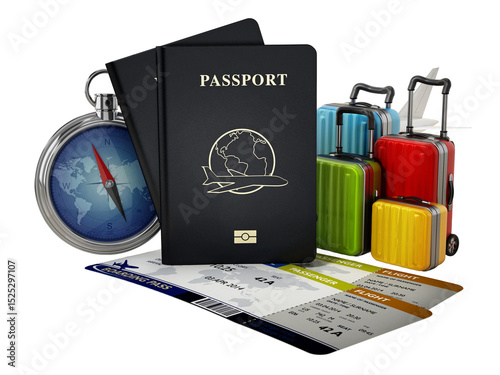 Passports, luggages, tickets and compass on transparent background. 3D illustration