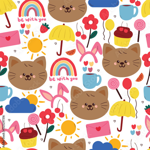 seamless pattern cute cartoon cat with cute stuffs. animal drawing for wallpaper and gift wrap paper