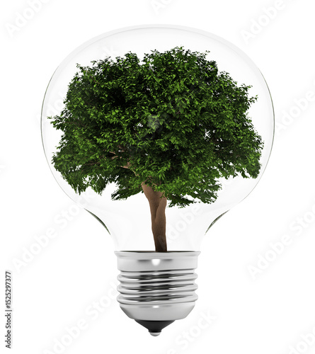 Tree standing inside the lightbulb on transparent background. 3D illustration