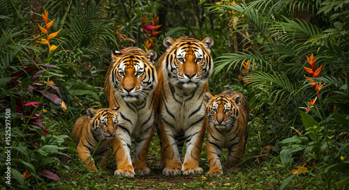 Four tigers walking together in lush green jungle setting