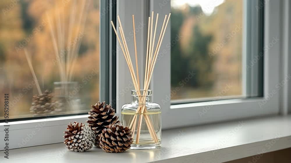 A beautiful diffuser sits on a windowsill accompanied by pine cones, highlighting a serene autumn view outside