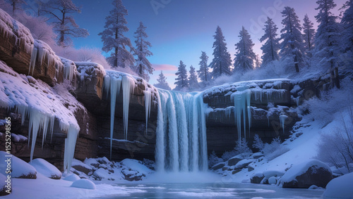 A scenic view of a waterfall surrounded by snow covered rocks and trees in winter season beauty