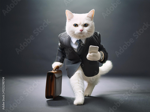 Full-body portrait of a white anthropomorphic cat dressed in a formal black business suit with a tie. The cat is walking forward quickly, holding a brown leather briefcase and a smartphone 