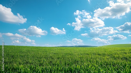 A large field of green grass with a few clouds in the sky. The sky is blue and the clouds are scattered throughout