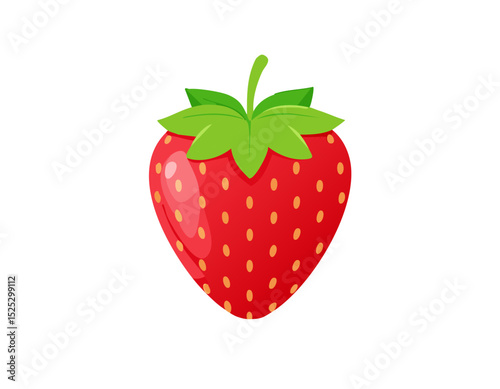 Bright red strawberry in flat design with simple highlights and green leafy top, isolated on white background with soft shadow and copy space.