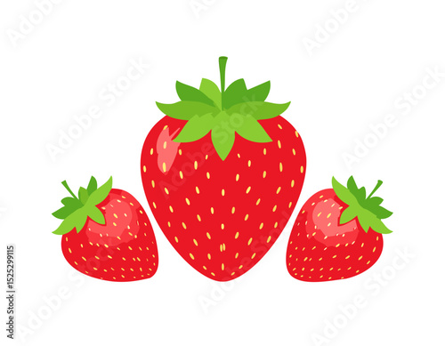 Fresh strawberry with clean surface, minimal shading, and stylized leaves, presented in modern flat style with a white backdrop.
