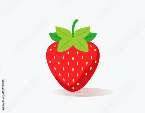 Cute strawberry illustration with red body, yellow seeds, and layered green crown, placed with copy space and soft shadow.