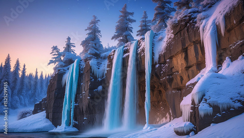Winter landscape with waterfalls cascading down rocks covered in snow and icicles at dusk