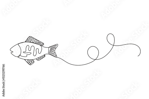 Line Art Fish Animal. One Continuous Outline Sea Underwater Mascot Silhouette. Fresh Marine Mediterranean Food Restraint Logo. Modern Wavy Sketch Stroke Contour Drawing Icon. 