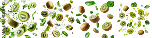 Set of Kiwi fruit levitate on transparent background.