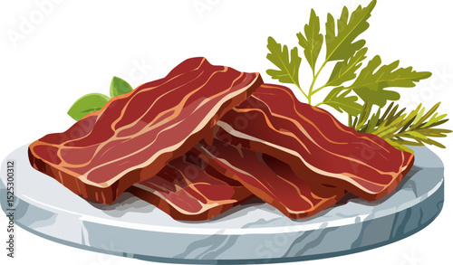 Slices of appetizing bacon on a plate with herbs