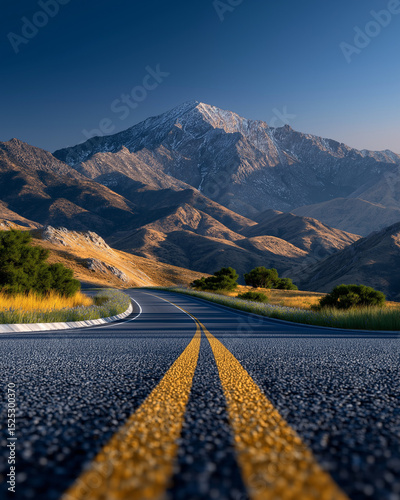 Open Road to Majestic Peaks: The asphalt road leads the eye towards a towering mountain under a clear blue sky, with golden lines inviting travelers to explore the landscape.