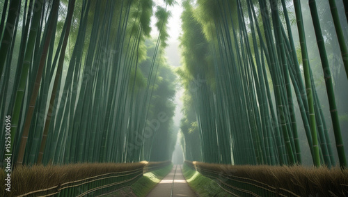 A path through a dense bamboo forest with a fence on either side leading to a bright light ahead