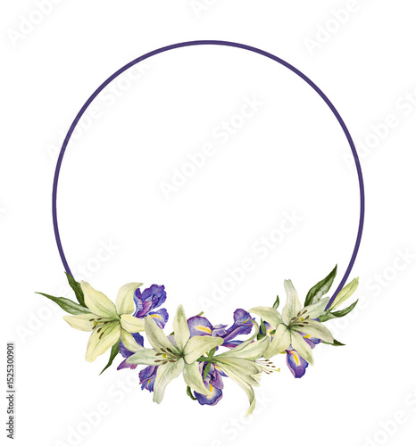 Circle floral frame with watercolor lily flowers. Delicate wreath for wedding decoration, card,  and print.