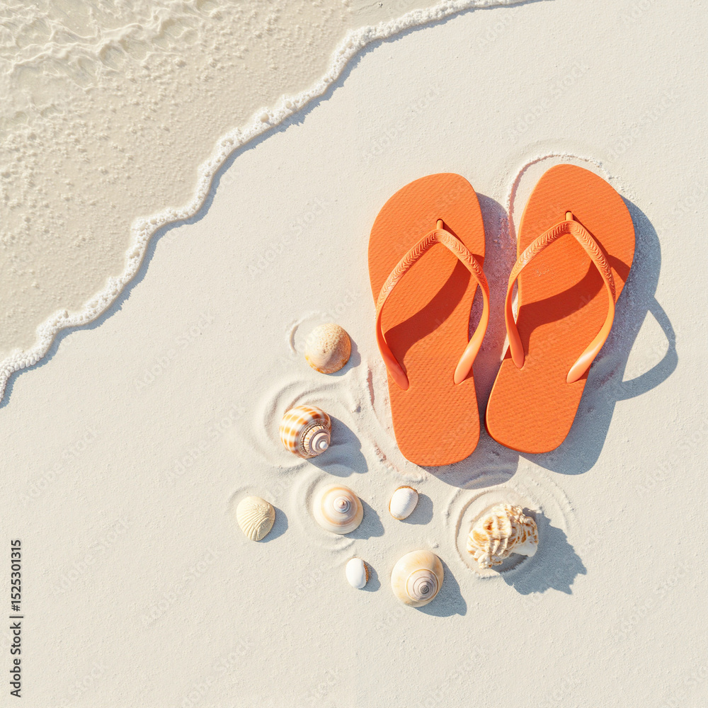 Naklejka premium Flip flops on sand with seashells, top view summer flat lay
