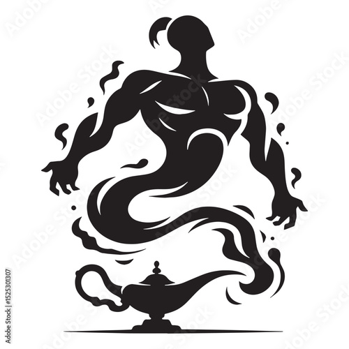 Monochrome Djinn Genie figure - djinn silhouette - djinn vector - silhouette of djinn - genie silhouette - genie vector - silhouette of genie - Djinn Genie illustration - supernatural entity art
