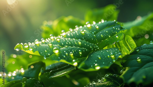 Close up of green leaves covered in water droplets glistening in soft sunlight after a rain shower