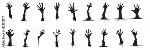 Zombie Hand Silhouettes In Icon Set. Horror And Halloween Theme Collection. Spooky And Decorative Use. Isolated Vector Illustration