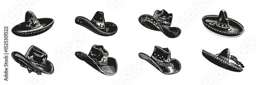 Cowboy And Sombrero Hat Silhouettes In Icon Set. Western And Mexican Cultural Symbol Collection. Fashion And Cultural Use. Isolated Vector Illustration