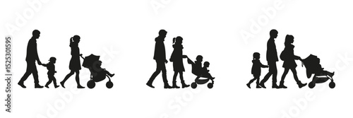 Family Walking Silhouette Set. Parenting, Childhood, And Family Bonding Symbol Collection. Social And Educational Use. Isolated Vector Illustration