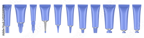 Set of blue metal tubes. Realistic mockup. Long nozzle tube for ointment or salve. Gel or serum. Korean cosmetic packaging. Toothpaste or hand cream