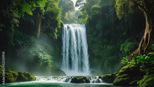 A scenic waterfall cascading down rocks surrounded by lush green trees and vegetation in a forest