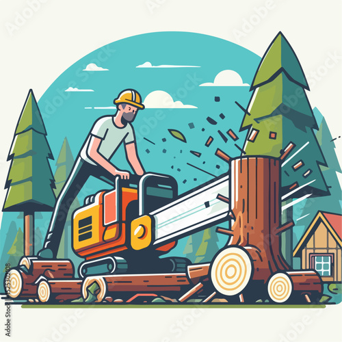illustration of a person cutting a tree with a chainsaw