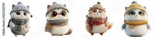 Set of cute cat in hats and scarves isolated on transparent background. Winter theme.