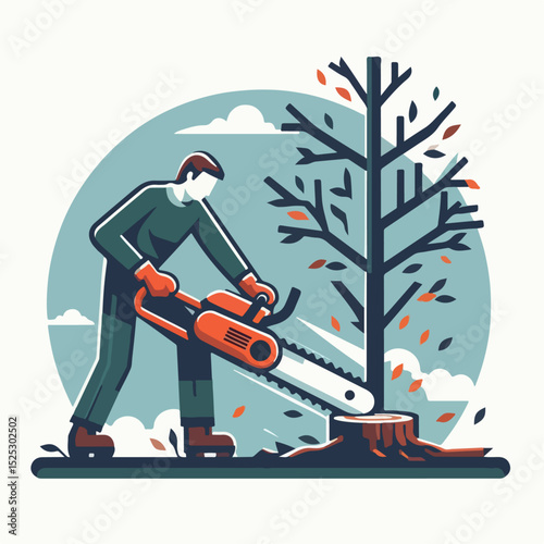 illustration of a person cutting a tree with a chainsaw