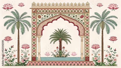 mughal ethnic pattern temple arch palm tree