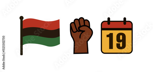 Juneteenth Icons with Pan-African Flag, Raised Fist, and June 19 Calendar for Black Freedom Celebration