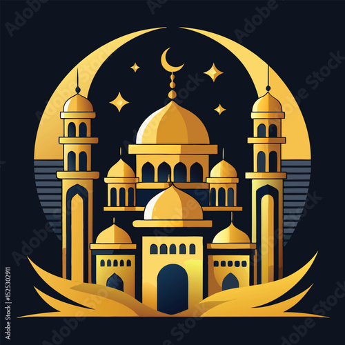 Vector illustration of a mosque at sunset, featuring its dome and minarets, a landmark building for travel