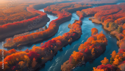 Aerial view of a winding blue river surrounded by autumn trees with orange and red leaves
