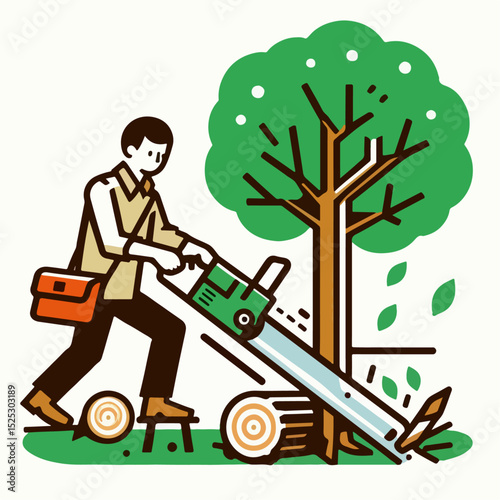 illustration of a person cutting a tree with a chainsaw