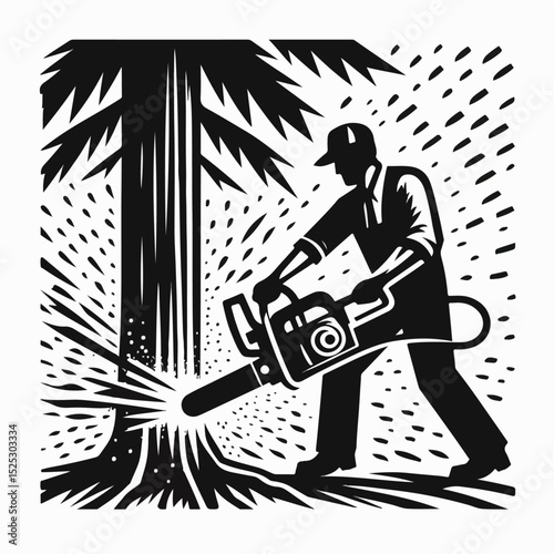 illustration of a person cutting a tree with a chainsaw