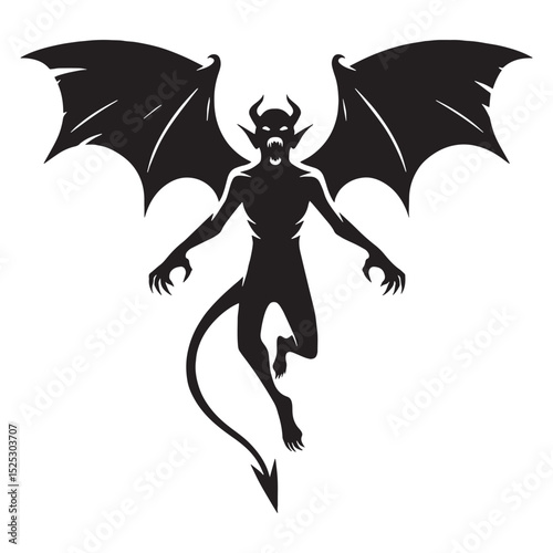 Fantasy Flying Devil vector - flying devil silhouette - flying devil vector - silhouette of flying devil - Flying Devil illustration - soaring imp art
