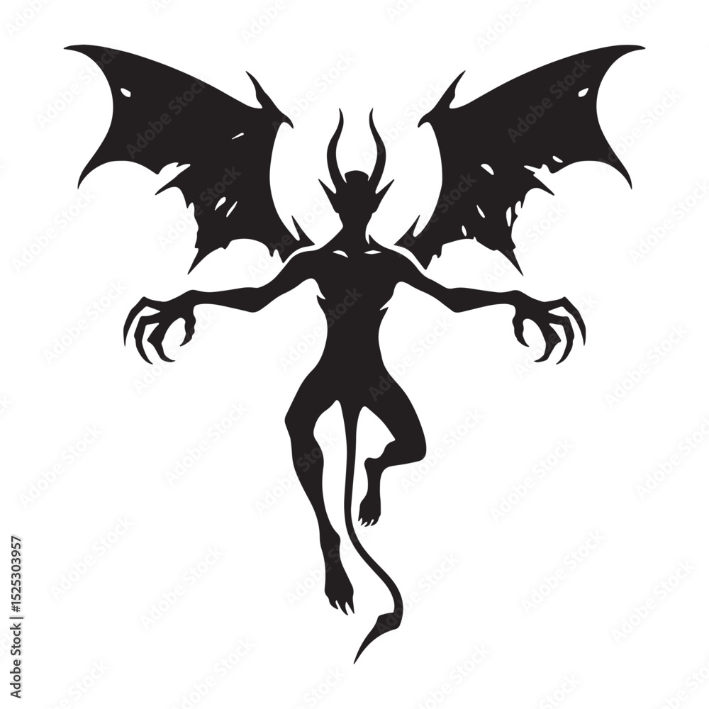 Fototapeta premium Sharp Flying Devil outline - flying devil silhouette - flying devil vector - silhouette of flying devil - winged terror emblem 
