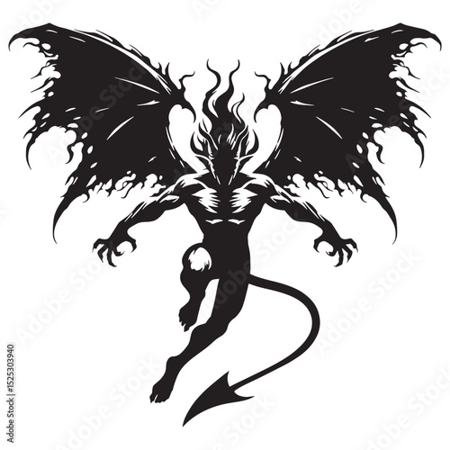 Bold Flying Devil graphic - flying devil silhouette - flying devil vector - silhouette of flying devil - sky demon symbol
