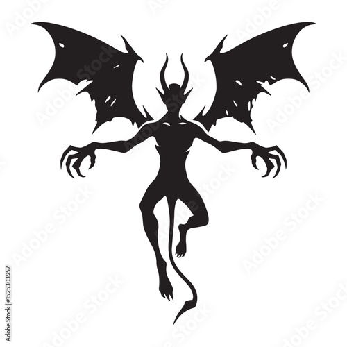Sharp Flying Devil outline - flying devil silhouette - flying devil vector - silhouette of flying devil - winged terror emblem
