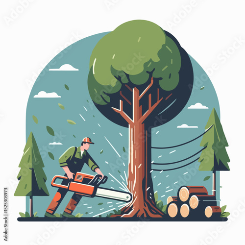 illustration of a person cutting a tree with a chainsaw