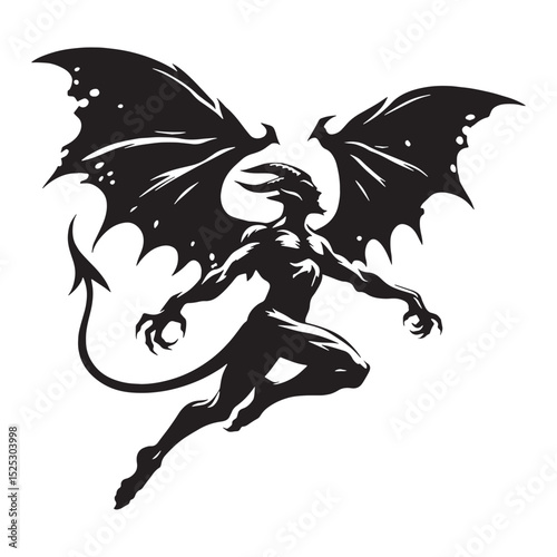 Powerful Flying Devil view - flying devil silhouette - flying devil vector - silhouette of flying devil - Flying Devil illustration - soaring evil icon
