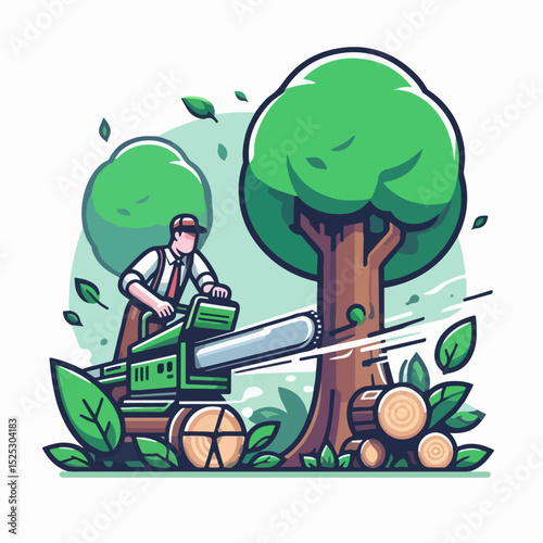 illustration of a person cutting a tree with a chainsaw