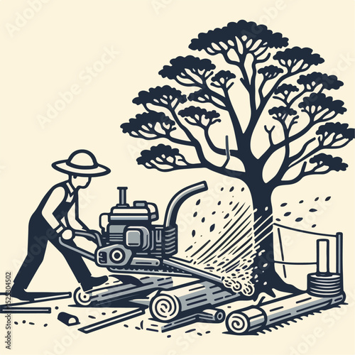 illustration of a person cutting a tree with a chainsaw