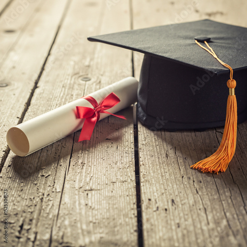 Graduation hat and diploma on wooden table with soft shadows