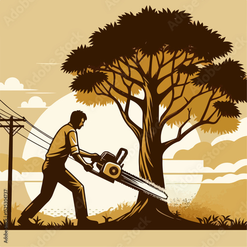 illustration of a person cutting a tree with a chainsaw