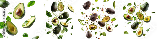 Set of flying Avocado slices with leaves and seeds isolated on transparent background.